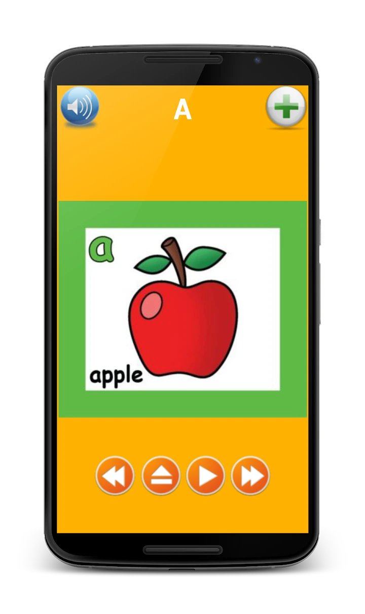Real apple flashcard with spoken-word controls in a modern Android frame